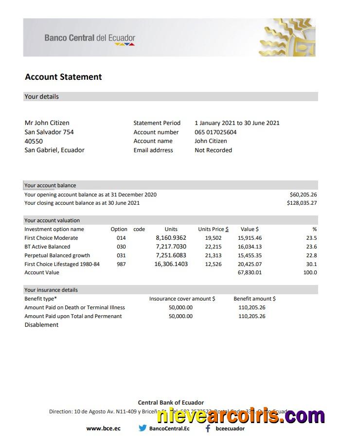 Ecuador Central Bank of Ecuador bank statement easy to fill in Excel and PDF format